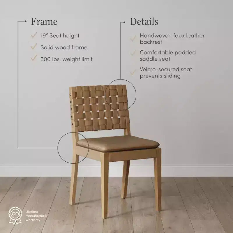 Chaise de salle à manger Nathan James Cohen en similicuir tressé, moderne du milieu du siècle, marron clair : Rembourrée, cadre en bois, sans accoudoirs