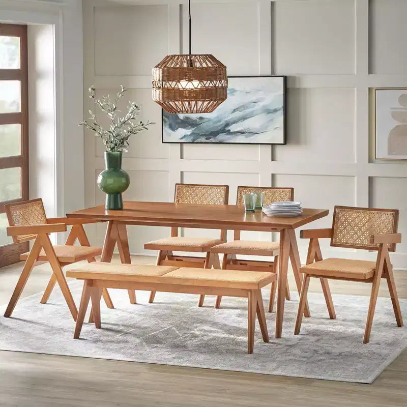Buylateral Valentina Banc de salle à manger moderne en rotin et bois massif, noyer clair