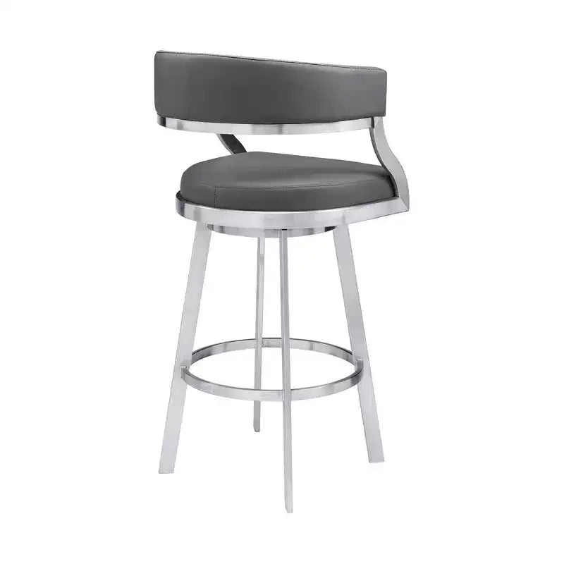 Tabouret de bar Saturn en similicuir gris et acier inoxydable 30" Armen Living : Pivotant, dossier bas, repose-pieds, hauteur fixe