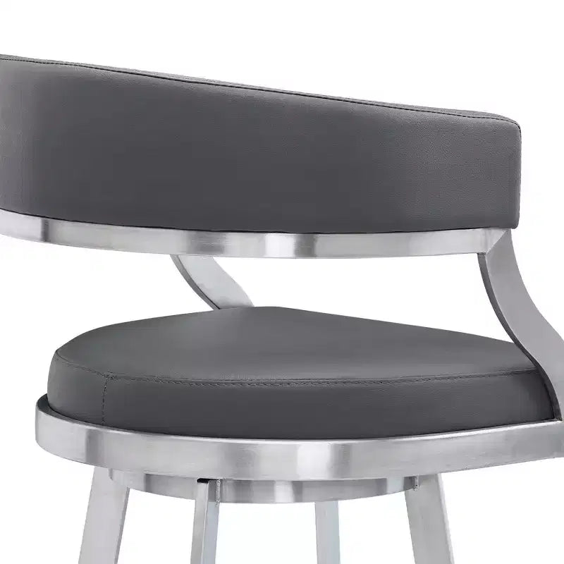 Tabouret de bar Saturn en similicuir gris et acier inoxydable 30" Armen Living : Pivotant, dossier bas, repose-pieds, hauteur fixe