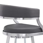 Tabouret de bar Saturn en similicuir gris et acier inoxydable 30" Armen Living : Pivotant, dossier bas, repose-pieds, hauteur fixe