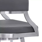 Tabouret de bar Saturn en similicuir gris et acier inoxydable 30" Armen Living : Pivotant, dossier bas, repose-pieds, hauteur fixe