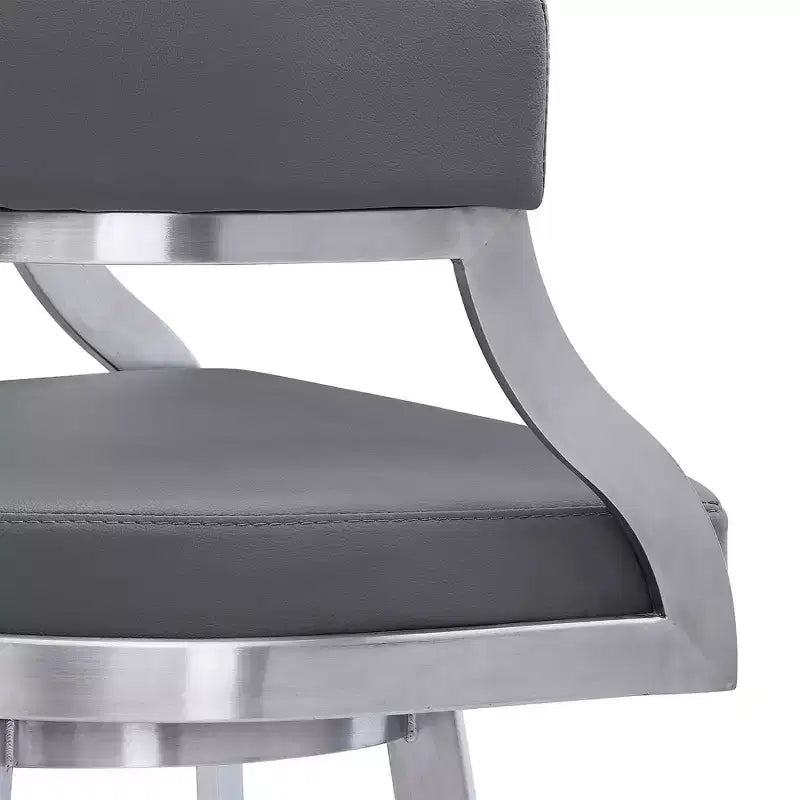 Tabouret de bar Saturn en similicuir gris et acier inoxydable 30" Armen Living : Pivotant, dossier bas, repose-pieds, hauteur fixe