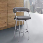 Tabouret de bar Saturn en similicuir gris et acier inoxydable 30" Armen Living : Pivotant, dossier bas, repose-pieds, hauteur fixe
