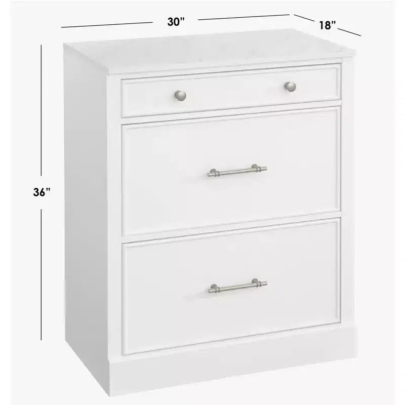 Buffet modulaire 3 tiroirs Lifestorey Monza blanc avec plateau imitation marbre : buffet de style rustique, plateau imitation marbre, structure en MDF