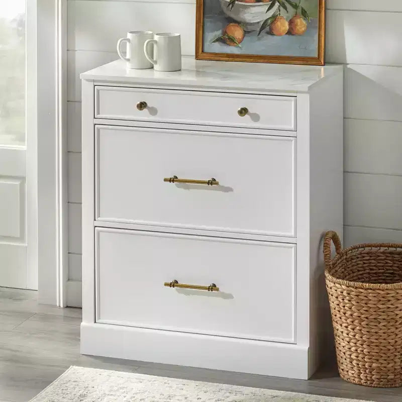 Buffet modulaire 3 tiroirs Lifestorey Monza blanc avec plateau imitation marbre : buffet de style rustique, plateau imitation marbre, structure en MDF