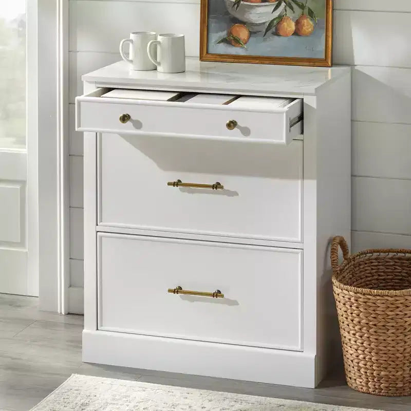 Buffet modulaire 3 tiroirs Lifestorey Monza blanc avec plateau imitation marbre : buffet de style rustique, plateau imitation marbre, structure en MDF