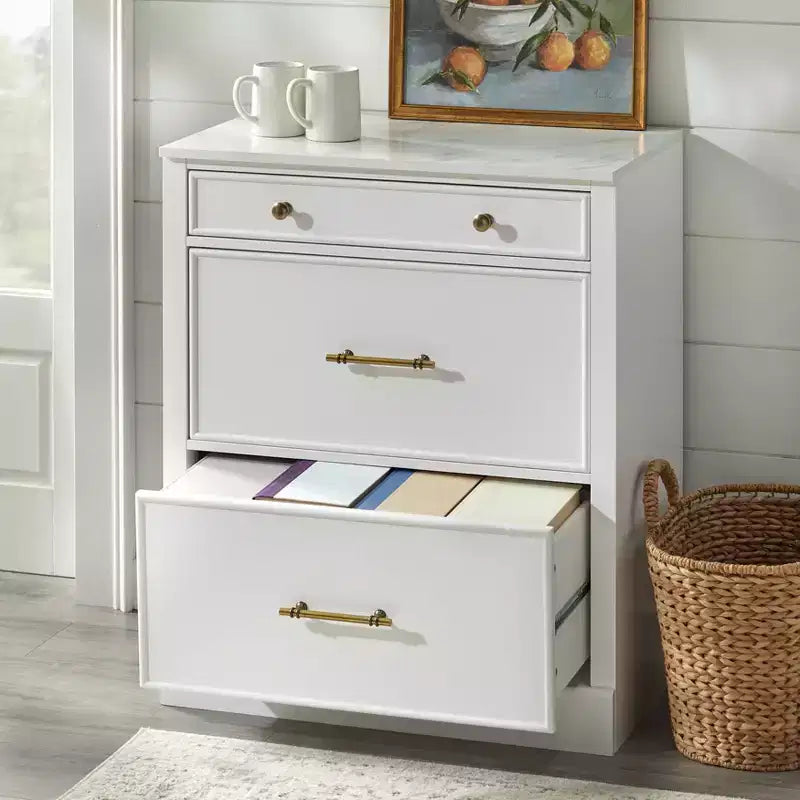 Buffet modulaire 3 tiroirs Lifestorey Monza blanc avec plateau imitation marbre : buffet de style rustique, plateau imitation marbre, structure en MDF