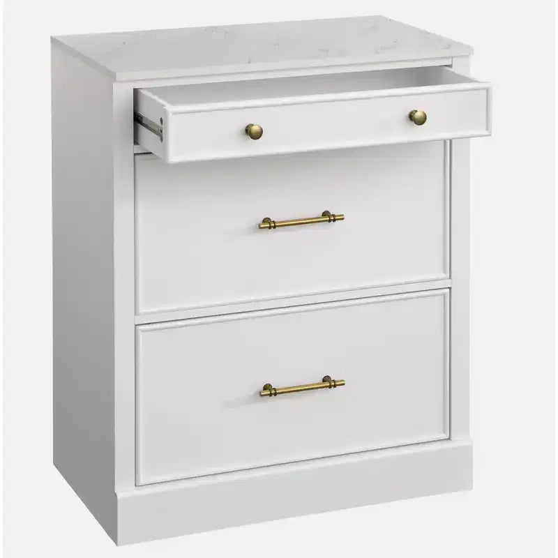 Buffet modulaire 3 tiroirs Lifestorey Monza blanc avec plateau imitation marbre : buffet de style rustique, plateau imitation marbre, structure en MDF