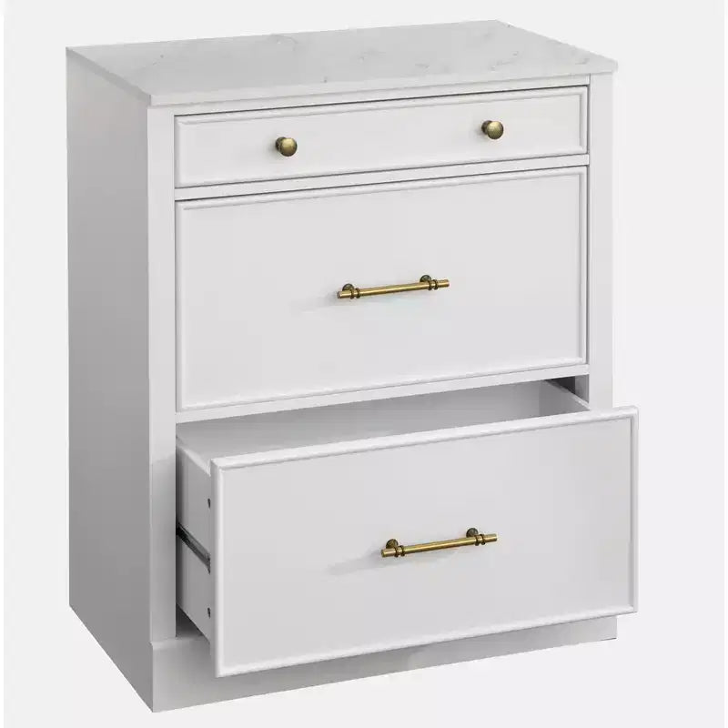 Buffet modulaire 3 tiroirs Lifestorey Monza blanc avec plateau imitation marbre : buffet de style rustique, plateau imitation marbre, structure en MDF