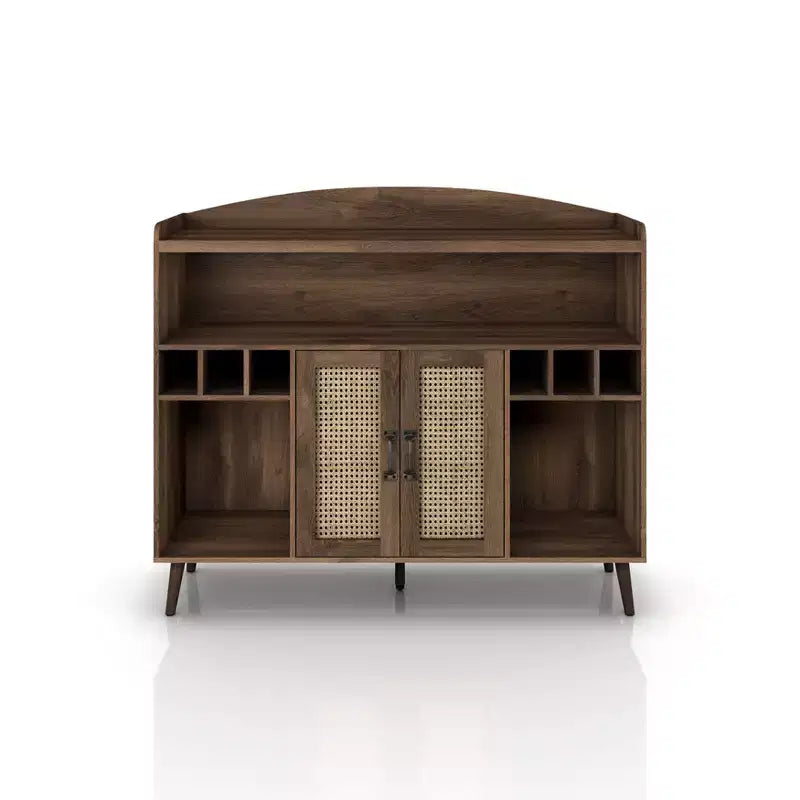 Klimar Open Shelves Buffet Distressed Walnut - miBasics: Midcentury Server, 6-Bottle Cubbies, Woven Door
