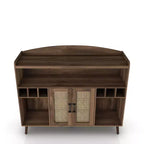 Buffet Klimar à étagères ouvertes en noyer vieilli - miBasics : Bahut Mid-century, 6 casiers à bouteilles, porte tissée