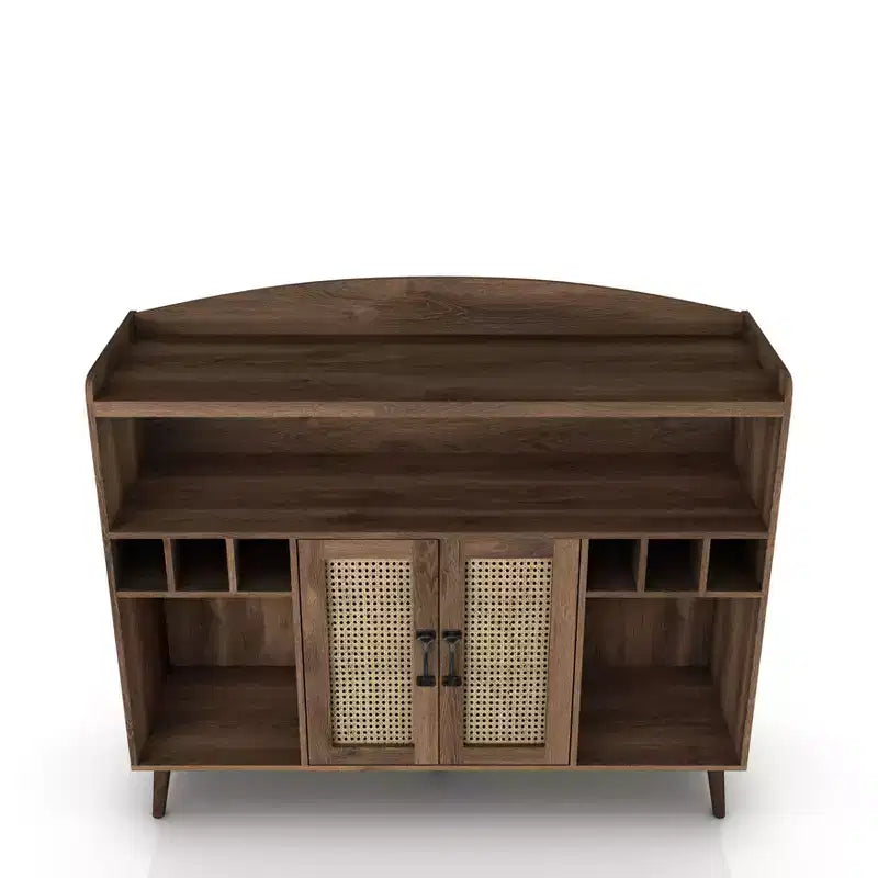 Buffet Klimar à étagères ouvertes en noyer vieilli - miBasics : Bahut Mid-century, 6 casiers à bouteilles, porte tissée