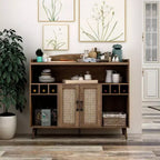 Buffet Klimar à étagères ouvertes en noyer vieilli - miBasics : Bahut Mid-century, 6 casiers à bouteilles, porte tissée