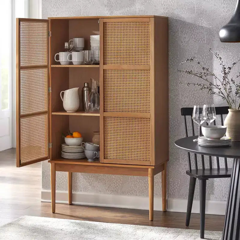Meuble de rangement Lifestorey Maxima Cane Naturel : Rangement Mid-Century, Placage frêne, Étagères réglables