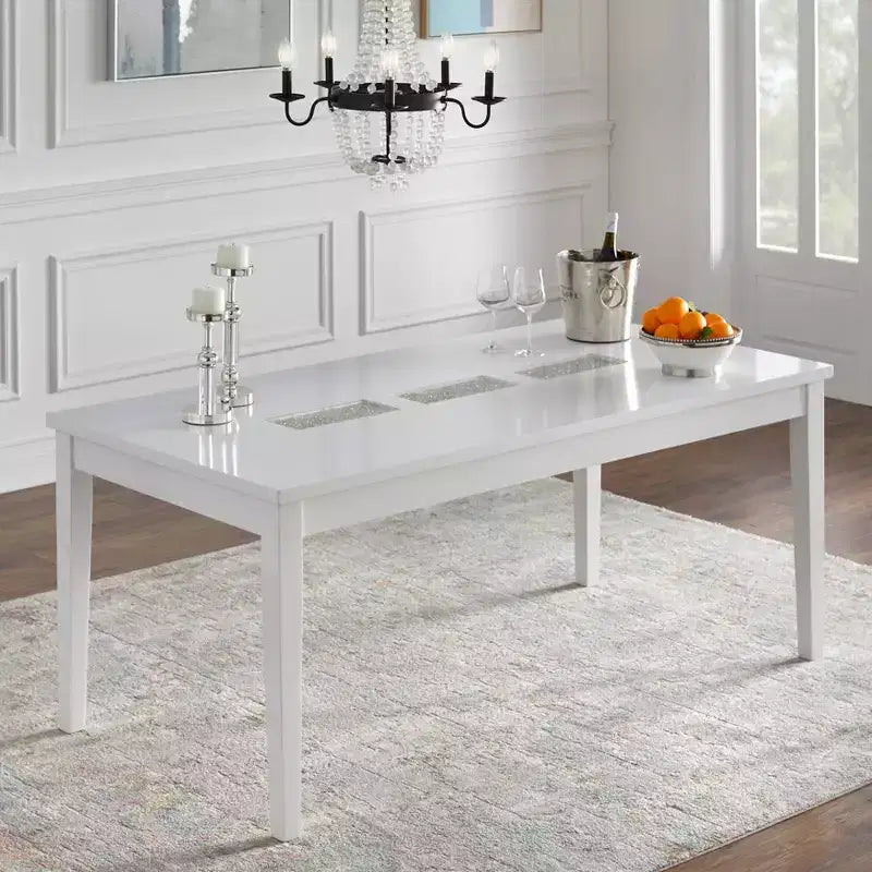 Table à manger rectangulaire Lifestorey Diamond blanche : 6 places, MDF et bois d'hévéa, non extensible, style contemporain