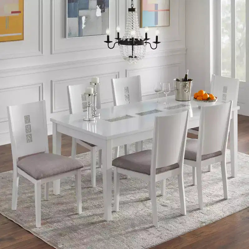 Table à manger rectangulaire Lifestorey Diamond blanche : 6 places, MDF et bois d'hévéa, non extensible, style contemporain