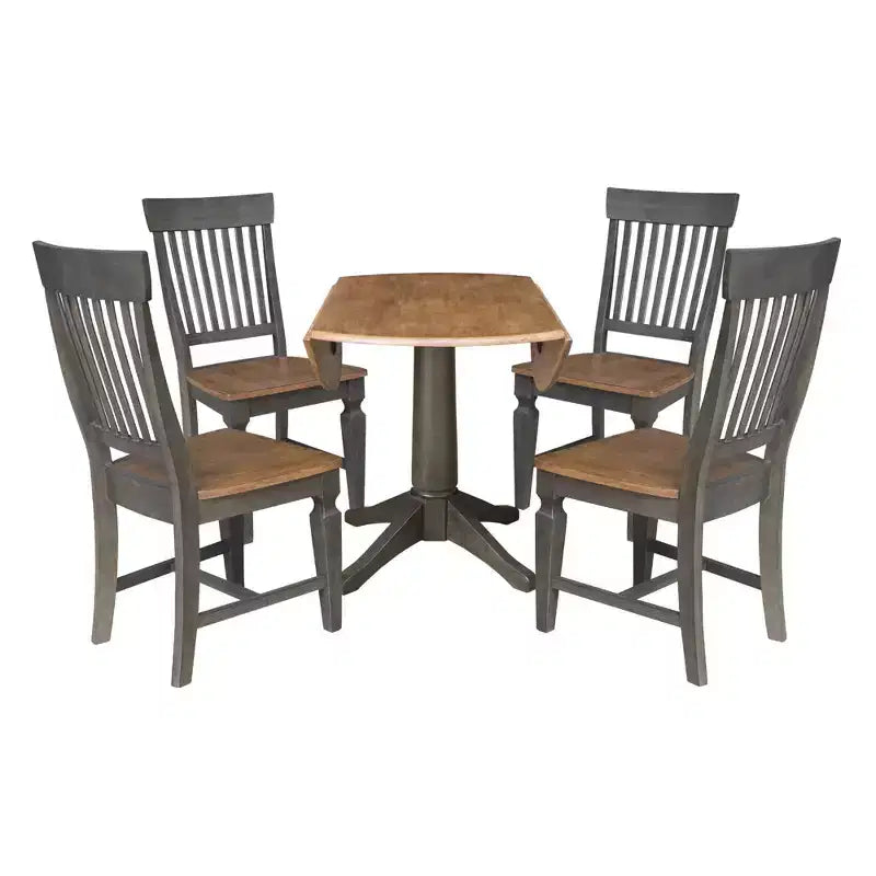 Table de salle à manger ronde à double abattant de 42 po avec 4 chaises à dossier ajouré Noyer/Charbon lavé - International Concepts