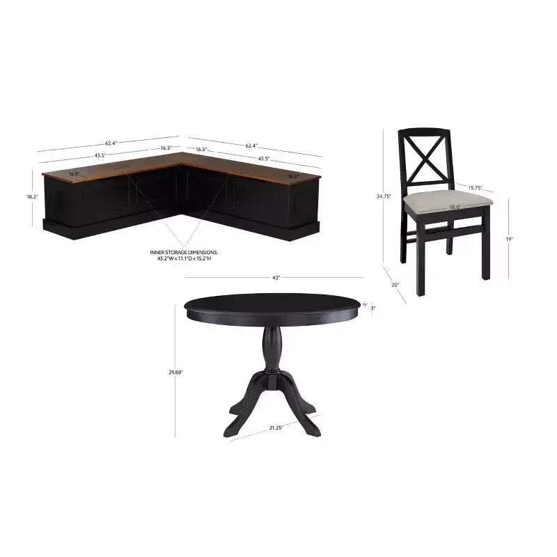 Ensemble de salle à manger Linon 4 pièces avec banquette Tobin Nook et table, noir/noyer