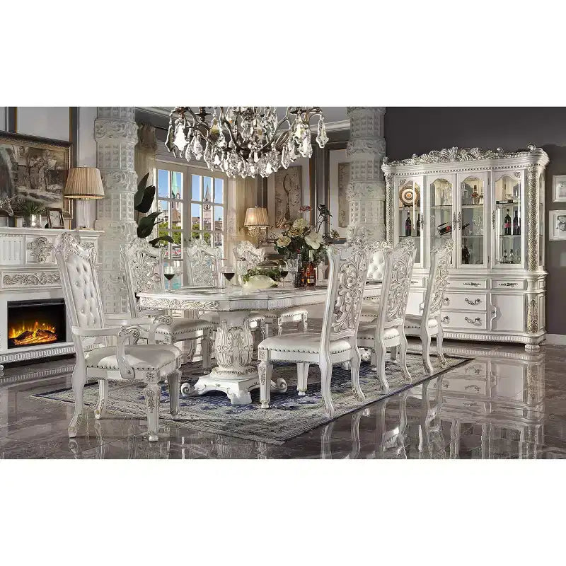 Table de salle à manger Vendome 305 cm, finition perle antique - Acme Furniture : Double piédestal, accents dorés, 8 places