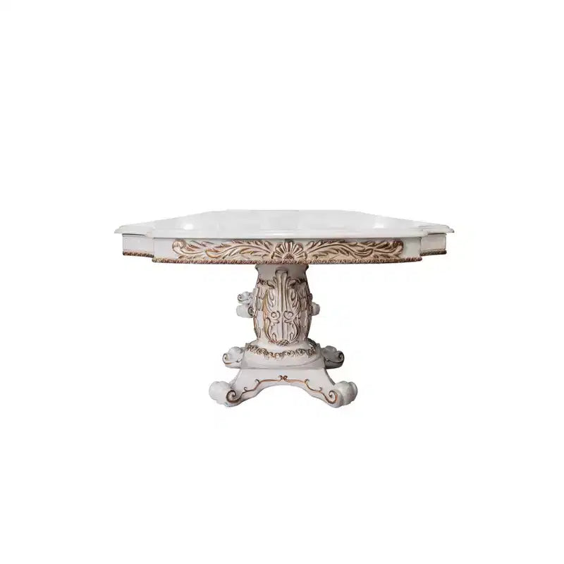 Table de salle à manger Vendome 305 cm, finition perle antique - Acme Furniture : Double piédestal, accents dorés, 8 places