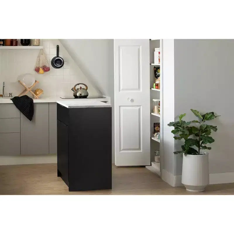 Îlot de cuisine Olio de South Shore, fini noir mat/faux marbre blanc
