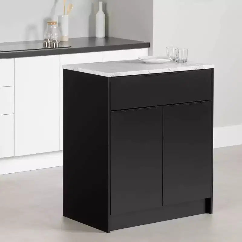 Îlot de cuisine Olio de South Shore, fini noir mat/faux marbre blanc