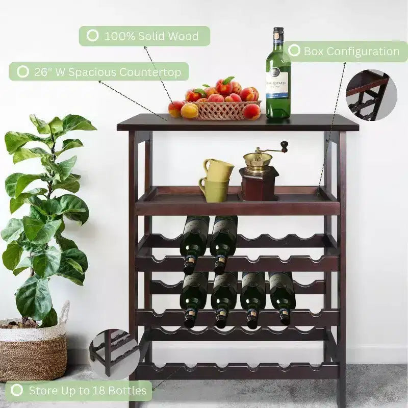 Casier à vin autoportant en bois massif 18 bouteilles avec étagères Espresso - Flora Home : Construction en pin, 1 étagère, 84 cm de hauteur
