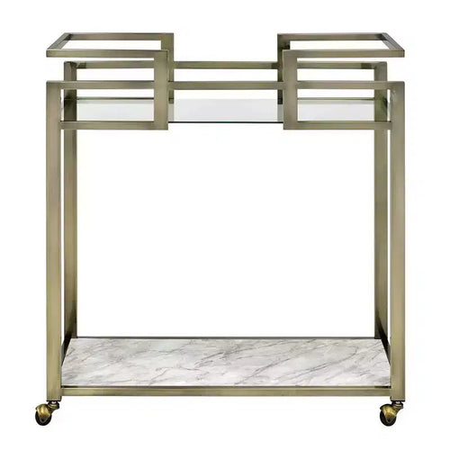 Acme Furniture Neilo Faux Marble Top Bar Serving Cart Clear Glass/Wire Brass Finish