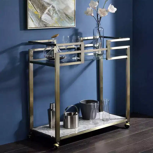 Chariot de service de bar Acme Furniture Neilo, plateau en faux marbre, verre clair/fil, finition laiton