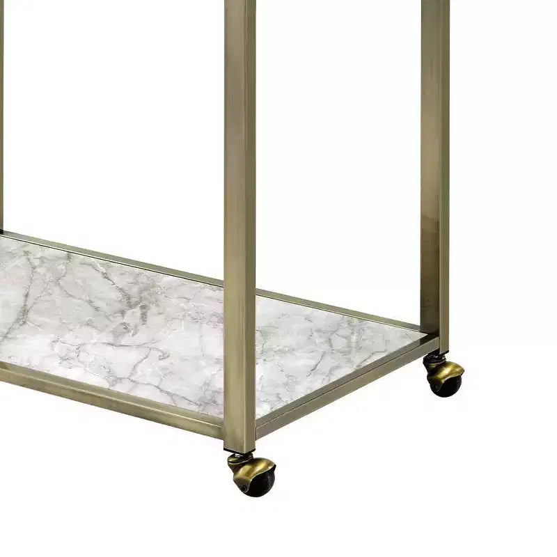 Chariot de service de bar Acme Furniture Neilo, plateau en faux marbre, verre clair/fil, finition laiton