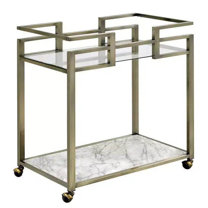 Chariot de service de bar Acme Furniture Neilo, plateau en faux marbre, verre clair/fil, finition laiton