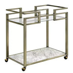 Chariot de service de bar Acme Furniture Neilo, plateau en faux marbre, verre clair/fil, finition laiton