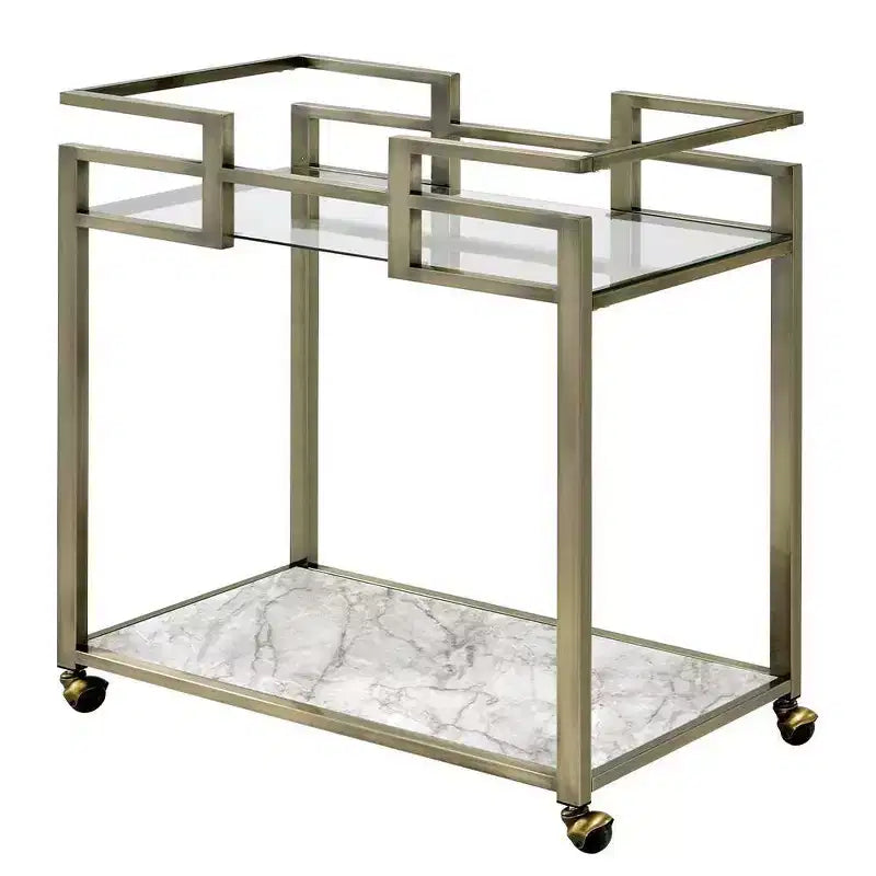 Chariot de service de bar Acme Furniture Neilo, plateau en faux marbre, verre clair/fil, finition laiton