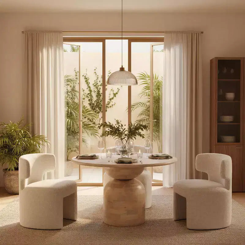 Table de salle à manger en bois de manguier Storied Home Naturelle : Finition blanchie, Piétement colonne, 119 cm de diamètre