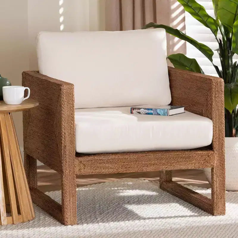 Fauteuil bali & pari Helina en herbe de mer et bois d'acacia, marron clair blanchi