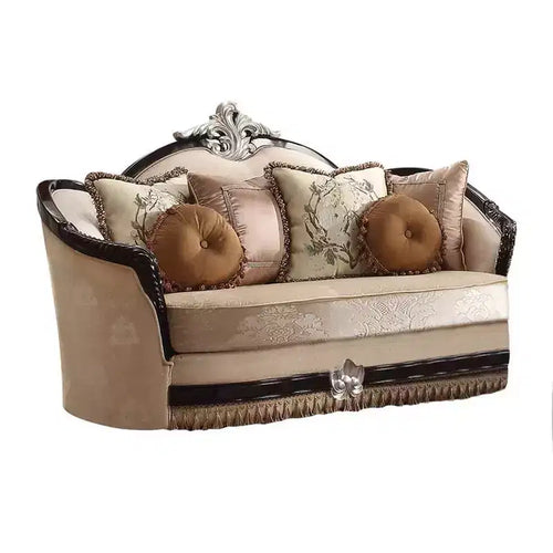 75" Ernestine Sofa Tan Fabric and Black Finish - Acme Furniture: Traditional Loveseat, Removable Cushions, 3 Accent Pillows