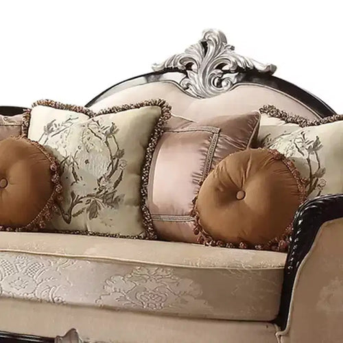 Canapé Ernestine 190,5 cm Tissu Tan et Finition Noire - Acme Furniture : Causeuse Traditionnelle, Coussins Amovibles, 3 Coussins Décoratifs