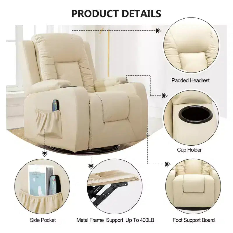 COMHOMA Fauteuil inclinable en cuir PU avec massage chauffant, couleur blanc crème