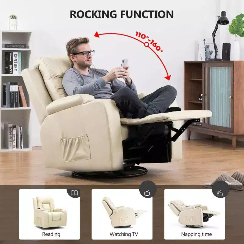 COMHOMA Fauteuil inclinable en cuir PU avec massage chauffant, couleur blanc crème