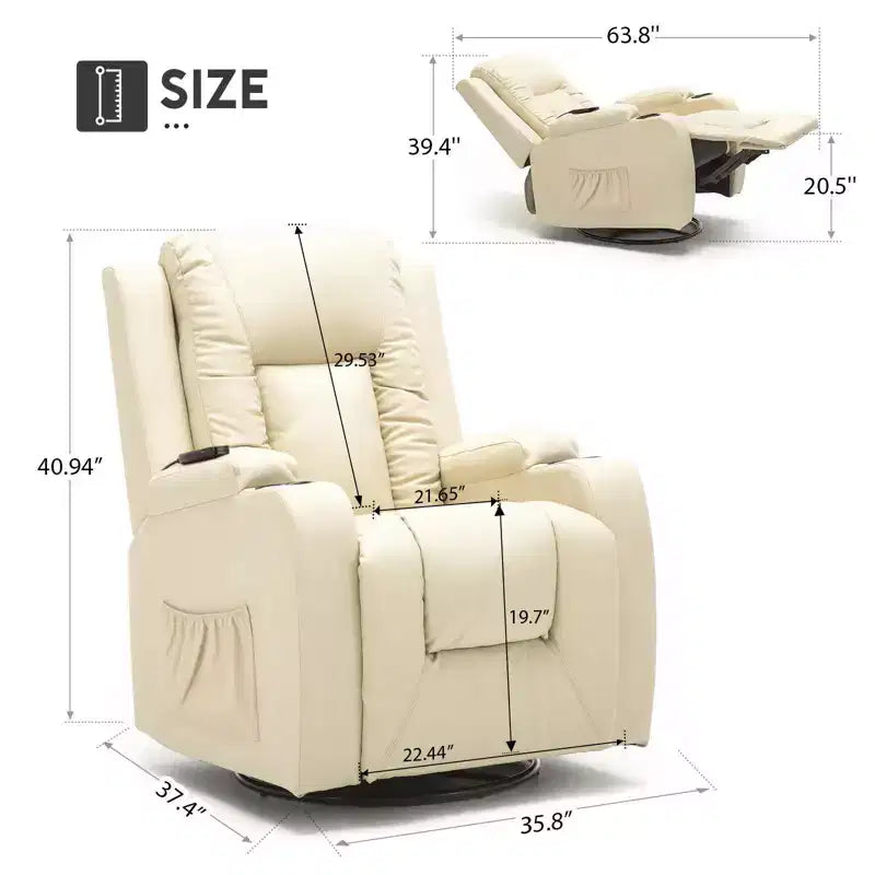 COMHOMA Fauteuil inclinable en cuir PU avec massage chauffant, couleur blanc crème