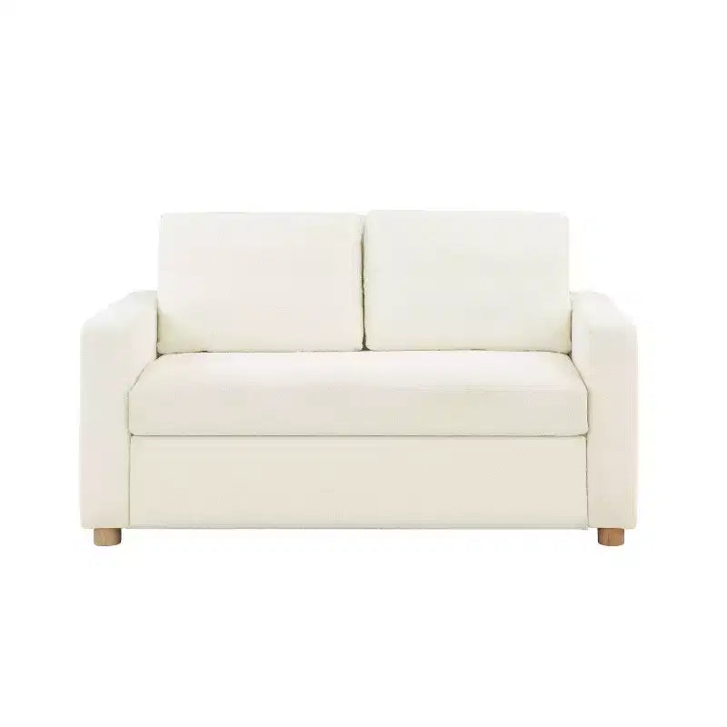 Serta Aurora Convertible Sofa Ivory Boucle: Lounger & Full Bed, Pocket Coils, Rubberwood Legs