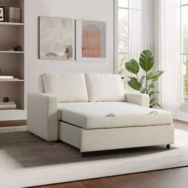Canapé convertible Serta Aurora Boucle Ivoire : Chaise longue et grand lit, ressorts ensachés, pieds en bois d'hévéa