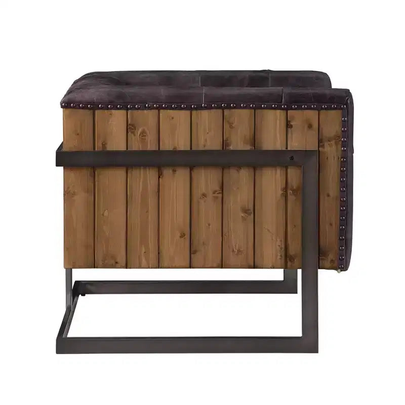 Fauteuil d'appoint Sagat 31" en cuir pleine fleur noir antique/chêne rustique - Acme Furniture : Pas d'assemblage, cadre en métal, nettoyer les taches