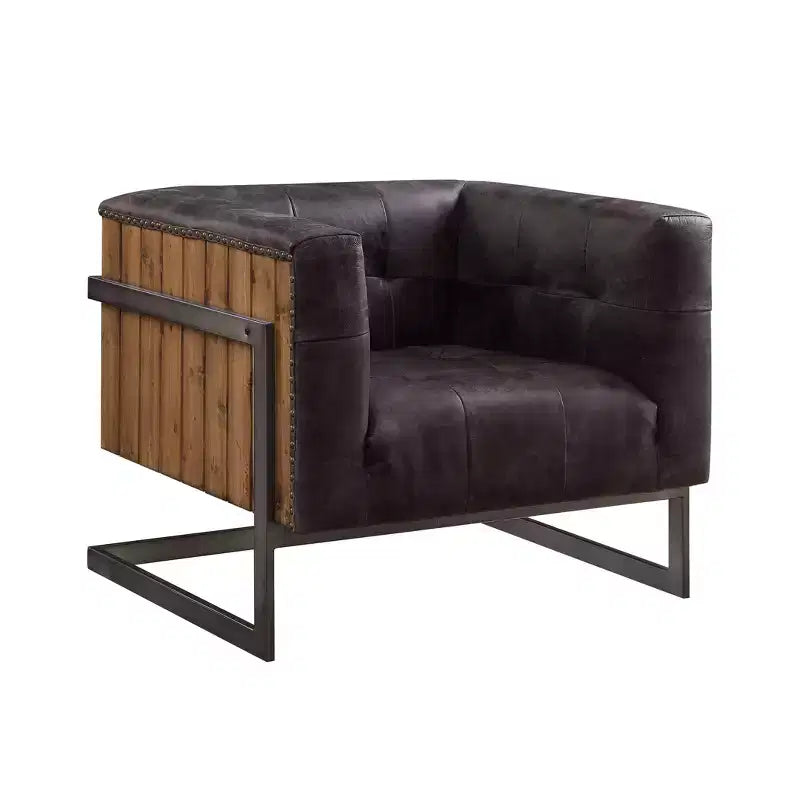 Fauteuil d'appoint Sagat 31" en cuir pleine fleur noir antique/chêne rustique - Acme Furniture : Pas d'assemblage, cadre en métal, nettoyer les taches