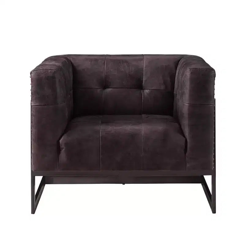 Fauteuil d'appoint Sagat 31" en cuir pleine fleur noir antique/chêne rustique - Acme Furniture : Pas d'assemblage, cadre en métal, nettoyer les taches