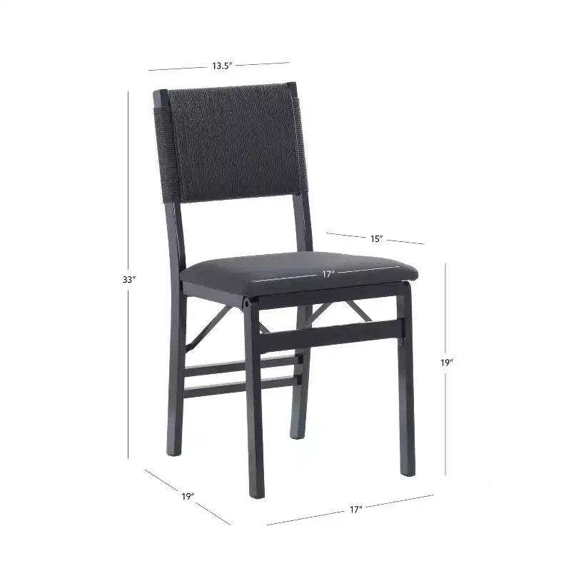 Linon Lot de 2 chaises pliantes modernes du milieu du siècle avec dossier en corde Thames et siège rembourré, noires : Bois d'hévéa, revêtement en polyester, aucun assemblage requis.