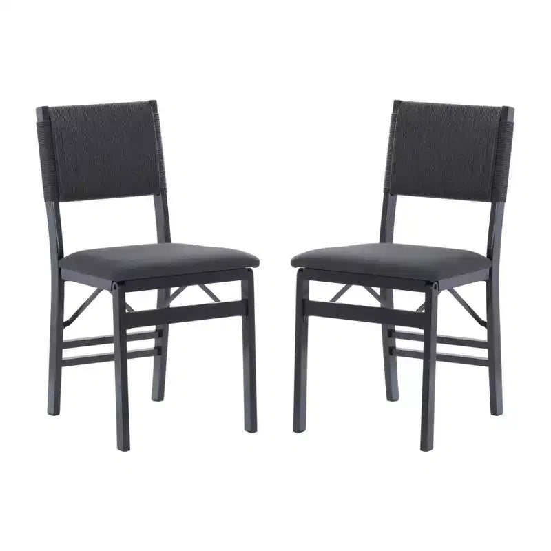 Linon Lot de 2 chaises pliantes modernes du milieu du siècle avec dossier en corde Thames et siège rembourré, noires : Bois d'hévéa, revêtement en polyester, aucun assemblage requis.