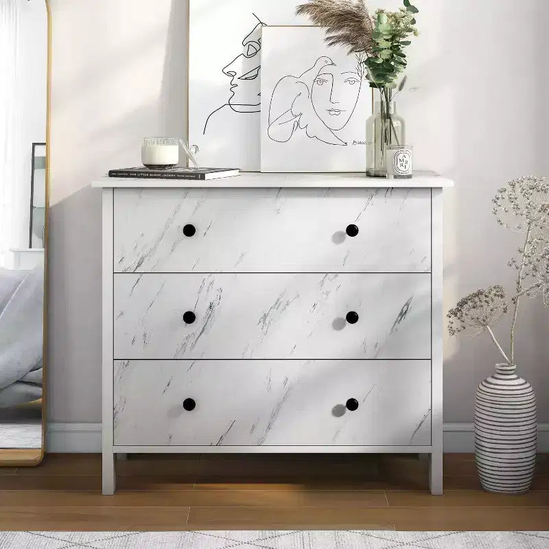 Commode Fichte Transitional 3 tiroirs imitation marbre blanc - miBasics : Rangement élégant, construction en MDF et panneaux de particules