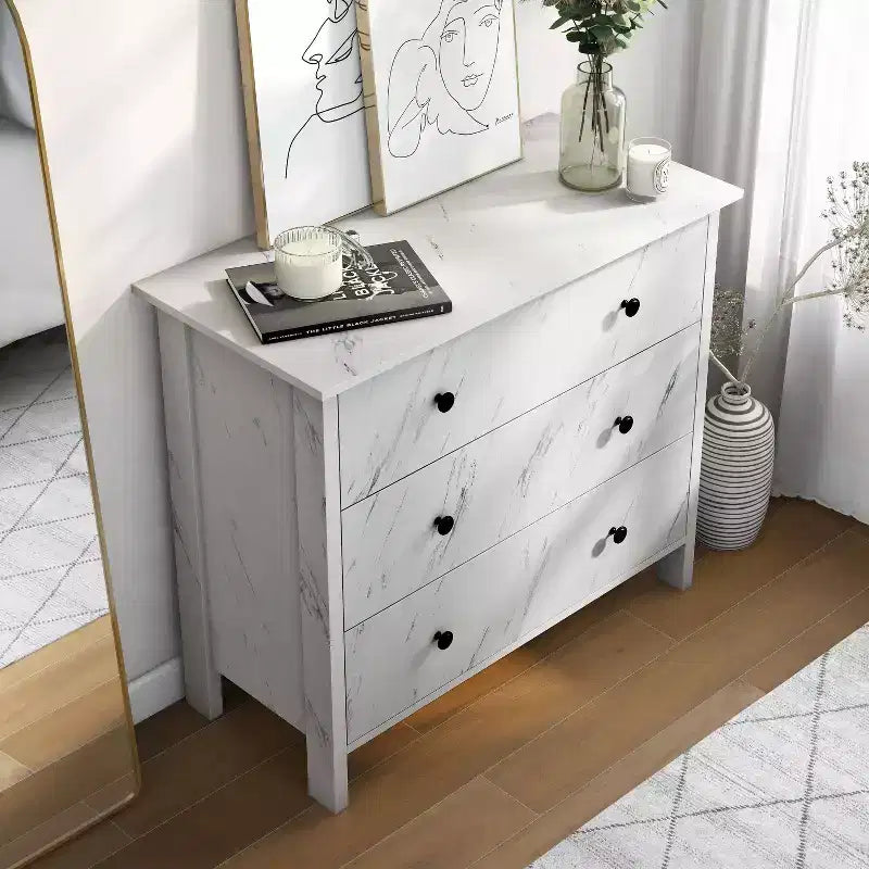 Commode Fichte Transitional 3 tiroirs imitation marbre blanc - miBasics : Rangement élégant, construction en MDF et panneaux de particules